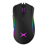 Wired gaming mouse with ergonomic design and RGB lighting for precision and speed in gaming.